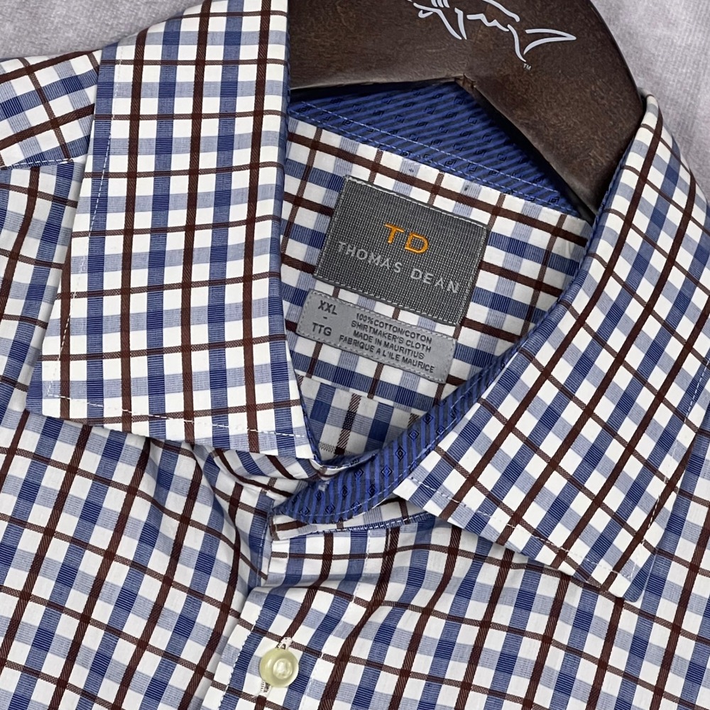 Thomas Dean Dress Shirt Mens XXL Blue Brown Check Flip Cuff Cotton Long Sleeve